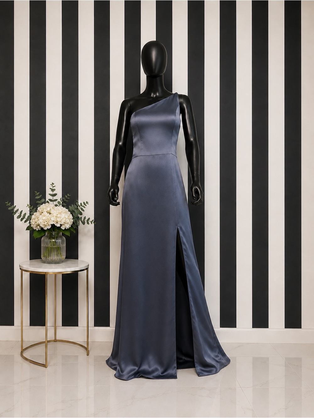 Jenny Yoo One-Shoulder Slate Blue Satin Gown
